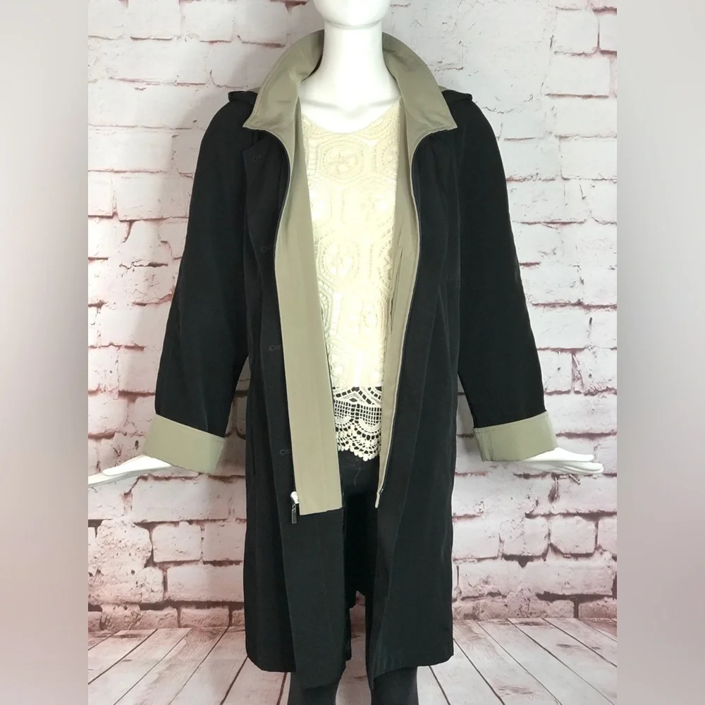 GALLERY Black & Taupe Trench Coat Raincoat detach Hood Size Medium 37” Length - Picture 5 of 16